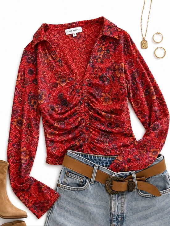 Free People Tops - FREE PEOPLE Red Floral Boho Top Women’s Small Cottagecore Western Festival